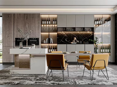 Modern Restaurant Interior Featuring Dining Table Yellow Chairs Marble Countertop And Wine Racks 3d model