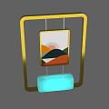 Public Facility Featuring Golden Frame Sunset Mountain Artwork And Light Blue Seat
