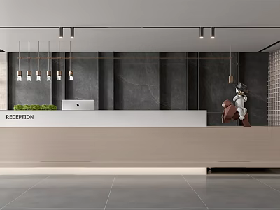 Modern Reception Interior Design With Sleek Desk Lighting And Decorative Sculpture 3d model