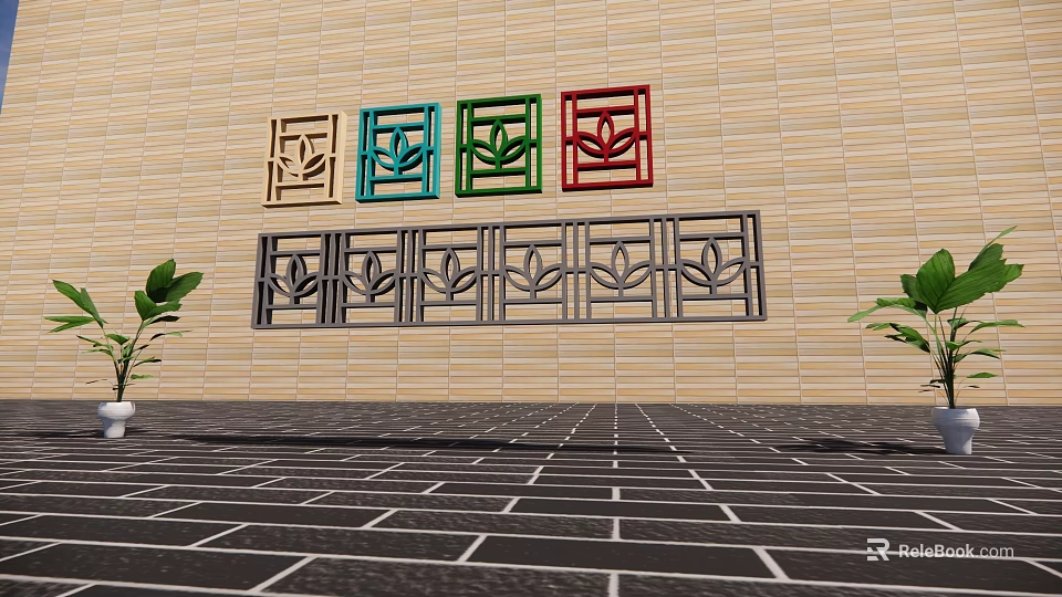 Multicolored Room Dividers With Leaf Patterns On Brick Wall And Brick Floor With Green Plants 3d model 