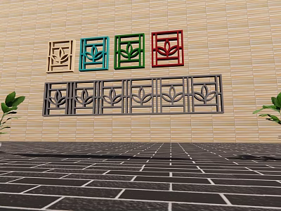 Multicolored Room Dividers With Leaf Patterns On Brick Wall And Brick Floor With Green Plants 3d model