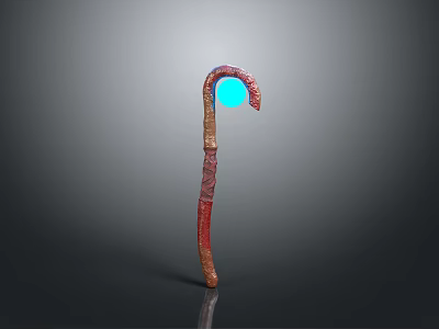 Mystical Weapon With Blue Glowing Orb And Curved Wooden Handle 3d model