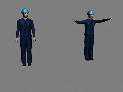Two Men in Blue Work Uniforms and Hard Hats Standing in Different Poses 3d model