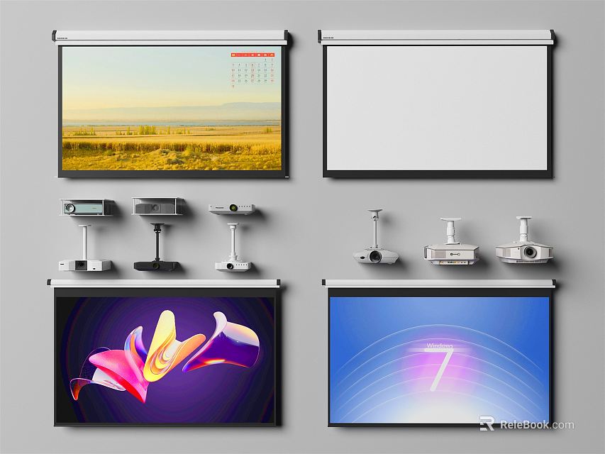 Projection Monitoring System With Projectors And Projection Screens Showing Various Contents 3d model 