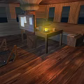 Pirate Sailing Ship with Black Skull Crossbones Flag Black Sails Wooden Deck and Illuminated Lights