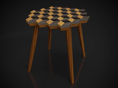 Geometric Pattern Side Table with Three Wooden Legs and Contrast Color Tiles 3d model