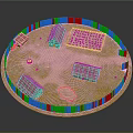 Ancient Circular Village Model With Wooden Fence Thatched Roof Huts And Central Open Area