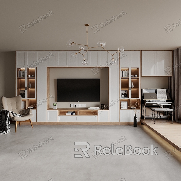 Living room TV cabinet cabinet piano sofa chair lamp TV wardrobe storage cabinet background wall model