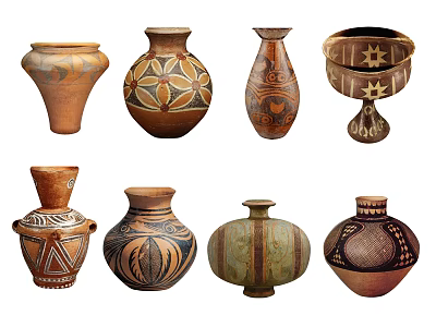 Traditional Handcrafted Ceramic Vessels With Assorted Shapes And Decorative Patterns 3d model