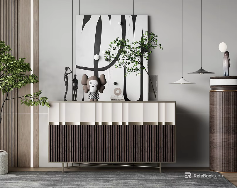 Stylish Modern Entryway Console Cabinet With Striped Design Decorative Sculptures And Potted Plant 3d model 