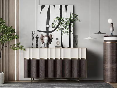 Stylish Modern Entryway Console Cabinet With Striped Design Decorative Sculptures And Potted Plant 3d model