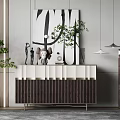 Stylish Modern Entryway Console Cabinet With Striped Design Decorative Sculptures And Potted Plant
