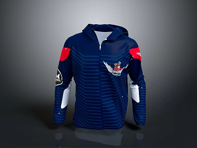 Navy Blue Hooded Jacket With Red Sleeves Striped Design And Chest Emblem 3d model