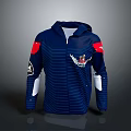 Navy Blue Hooded Jacket With Red Sleeves Striped Design And Chest Emblem