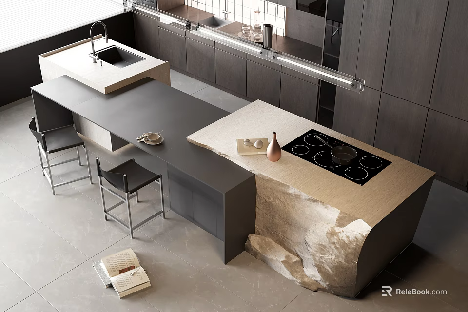 Modern Kitchen Interior With Stylish Bar Counter Marble Top And Dark Cabinets Stools 3d model 