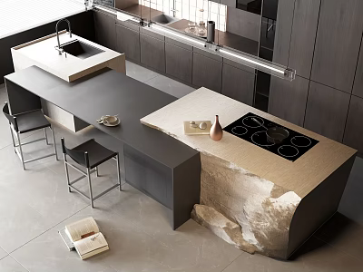 Modern Kitchen Interior With Stylish Bar Counter Marble Top And Dark Cabinets Stools 3d model
