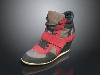 High Top Wedge Shoes Gray Red Black With Laces Red Straps And Light Sole 3d model