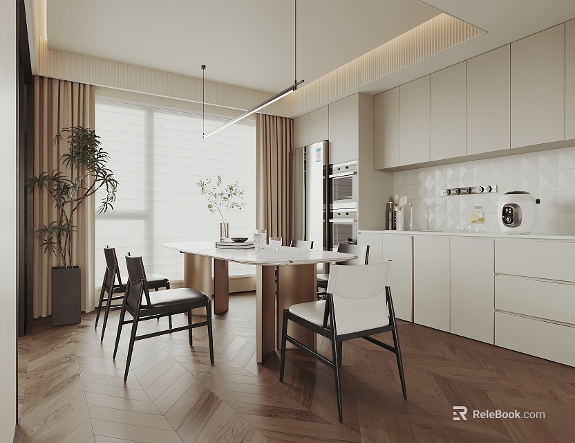 Modern Open Restaurant Interior With White Cabinets Dining Table Chairs Wooden Floor And Plants 3d model 