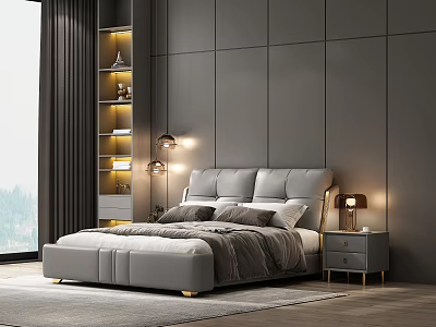 Modern Gray Double Bed With Upholstered Headboard Nightstand Table Lamp In Minimalist Bedroom Interior 3d model