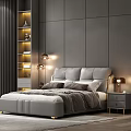 Modern Gray Double Bed With Upholstered Headboard Nightstand Table Lamp In Minimalist Bedroom Interior