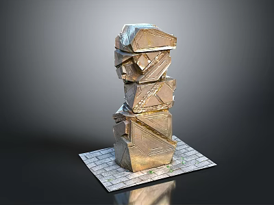 Modern Sculptural Pillar With Stacked Irregular Stone Blocks On Square Stone Slab Base 3d model