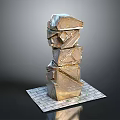 Modern Sculptural Pillar With Stacked Irregular Stone Blocks On Square Stone Slab Base