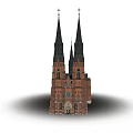 Ancient Red Brick Building With Twin Spires And Clock Tower Gothic Design 3d model