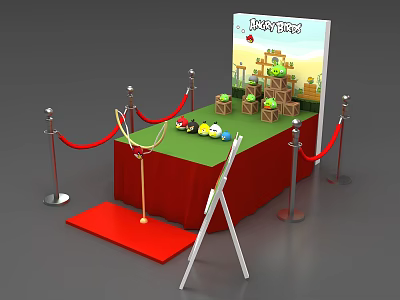 Angry Birds Themed Exhibition Display Shelf With Green Counter Red Ropes Carpet And Ladder 3d model