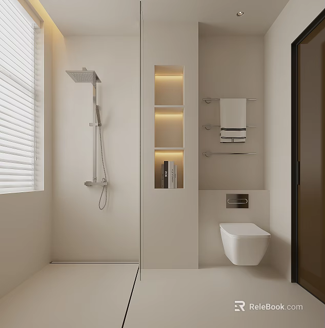 Minimalist White Bathroom Interior With Showerhead Illuminated Shelves Towel Rack And Wall Hung Toilet 3d model 