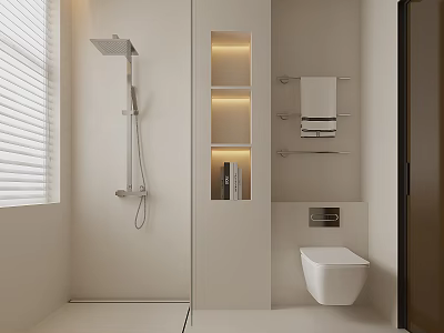 Minimalist White Bathroom Interior With Showerhead Illuminated Shelves Towel Rack And Wall Hung Toilet 3d model