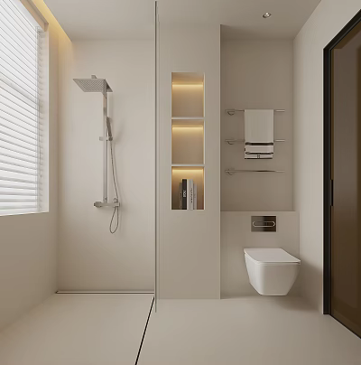 Minimalist White Bathroom Interior With Showerhead Illuminated Shelves Towel Rack And Wall Hung Toilet 3d model