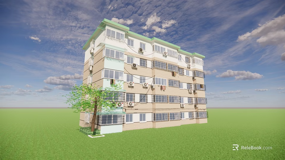 Multi Story Residential Building With Air Conditioners And Tree On Green Grass Field 3d model 