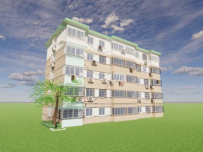 Multi Story Residential Building With Air Conditioners And Tree On Green Grass Field 3d model