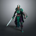 Man In Armored Warrior Gear Holding Sword And Shield Standing Confidently