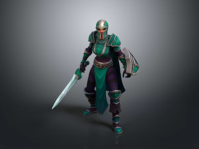 Man In Armored Warrior Gear Holding Sword And Shield Standing Confidently 3d model