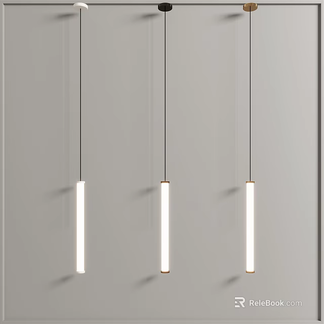 Three Modern Linear Pendant Lights Hanging In Minimalist Gray Interior Space 3d model 