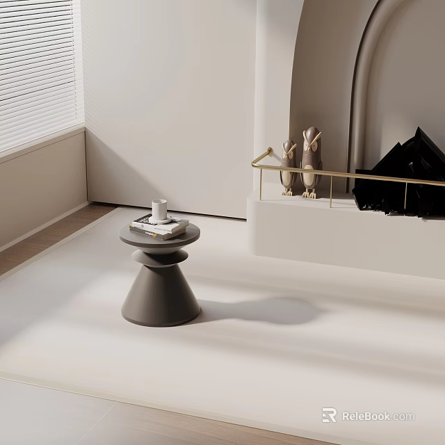 Gray Conical Side Table with Book and Cup on Top in Modern Minimalist Living Room 3d model 