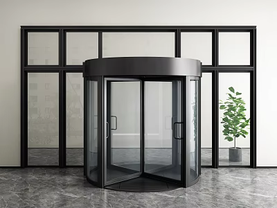 Black Revolving Door In Interior With Glass Walls And Plant 3d model