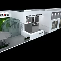 E Junk Exhibition Booth With White Structure Green Plant Wall And Umbrella Display Area