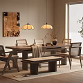 Modern Wooden Dining Table Set With Chairs Bench Pendant Lights Wall Art And Plant Rug