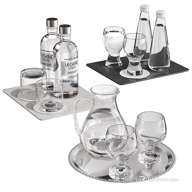 Elegant Bottles And Glassware With Serving Tray Carafe And Coasters 3d model 