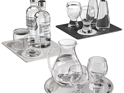 Elegant Bottles And Glassware With Serving Tray Carafe And Coasters 3d model