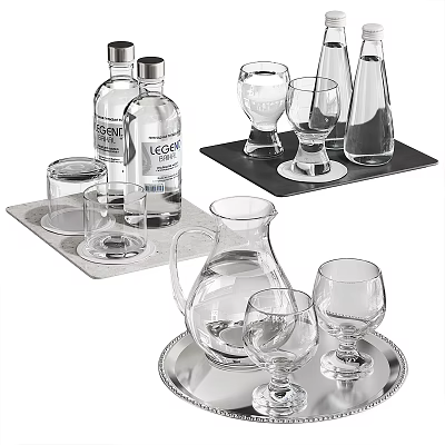 Elegant Bottles And Glassware With Serving Tray Carafe And Coasters 3d model