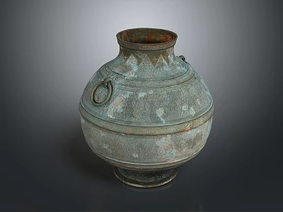 Ancient Bronze Vessel With Ring Handles Ornate Surface Patterns And Patina Finish 3d model