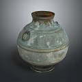 Ancient Bronze Vessel With Ring Handles Ornate Surface Patterns And Patina Finish