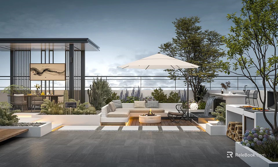 Stylish Roof Garden Terrace With Outdoor Sofa White Parasol And Green Plants 3d model 