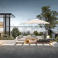 Stylish Roof Garden Terrace With Outdoor Sofa White Parasol And Green Plants