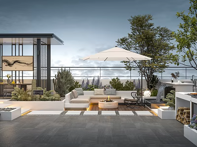 Stylish Roof Garden Terrace With Outdoor Sofa White Parasol And Green Plants 3d model