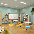 Kindergarten Interior With Light Blue Walls Green Mountain Decor Round Tables Wooden Slide And Playhouse