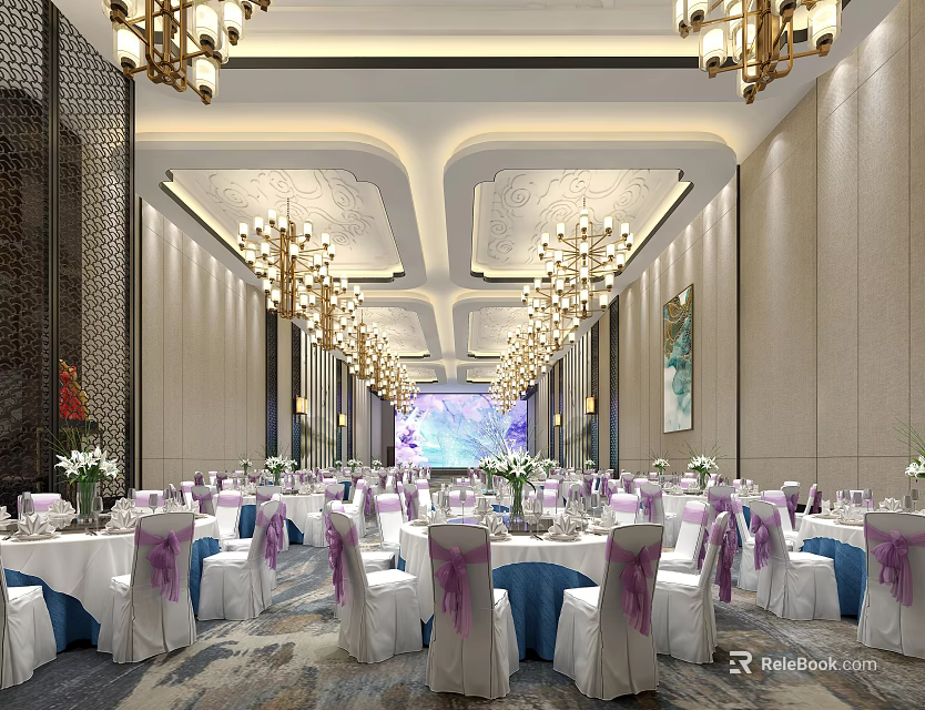 Elegant Banquet Hall Interior With Luxurious Chandeliers Dining Tables And Purple Chair Sashes 3d model 